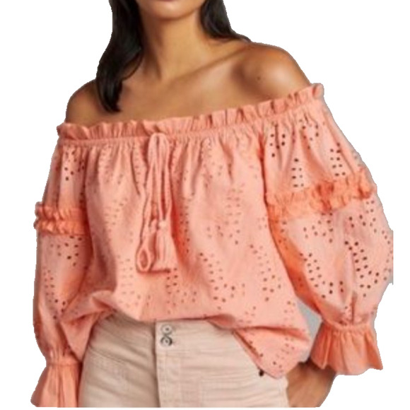 Anthropologie Jane Eyelet Lace Off Shoulder Peasant Prairie Cottage Blouse Coral - Picture 2 of 11